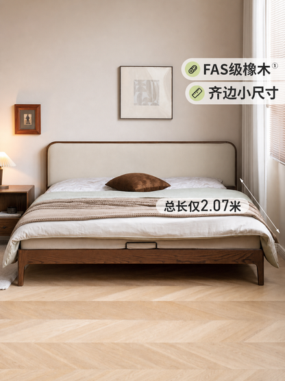 实木床双人床现代简约橡木科技布软靠床卧室小户型齐边床