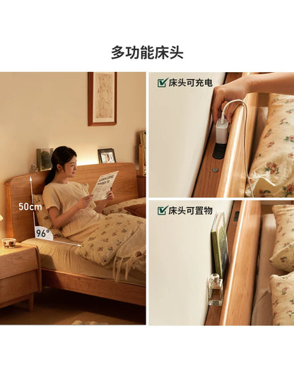 实木床樱桃木复古卧室双人床简约夜光床充电置物大床