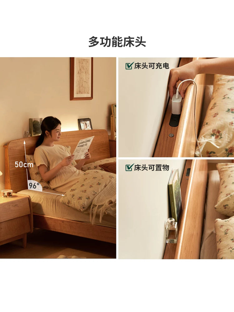 实木床樱桃木复古卧室双人床简约夜光床充电置物大床