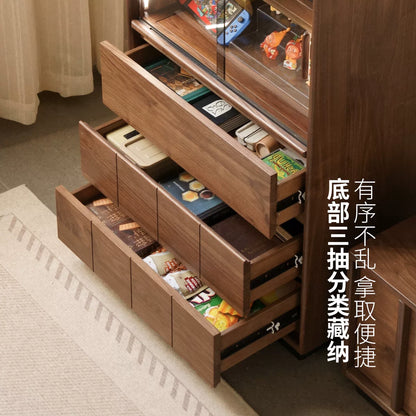 实木边柜客厅现代简约收纳储物柜黑胡桃木落地带灯展示柜