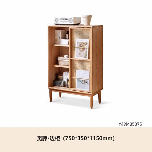全实木边柜现代简约藤编移门储物柜北欧小户型客厅置物柜