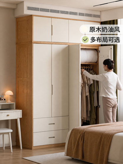实木衣柜卧室原木白色对开门衣橱小储物柜落地组合柜子