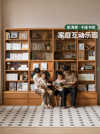 实木卡座书柜樱桃木书房复古风组合玻璃柜满墙收纳柜