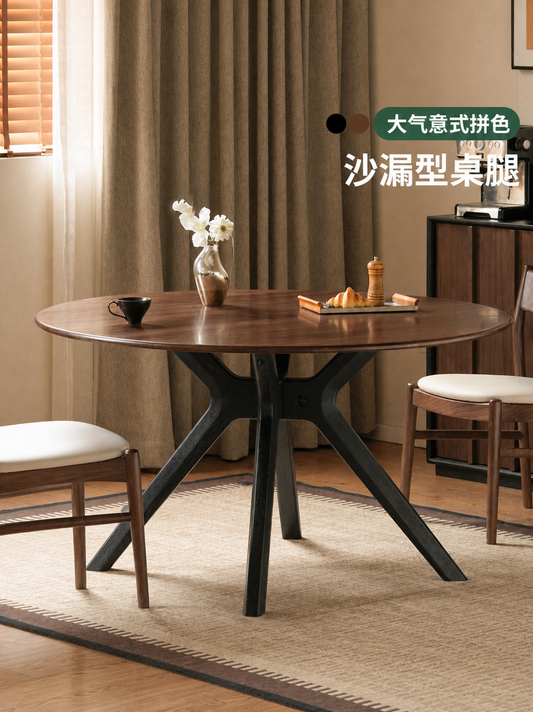 实木餐桌意式轻奢黑胡桃木圆桌餐厅小户型吃饭桌子