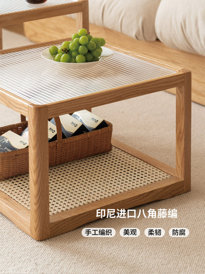 实木玻璃茶几设计师款原木方几小户型大小组合藤编小茶台