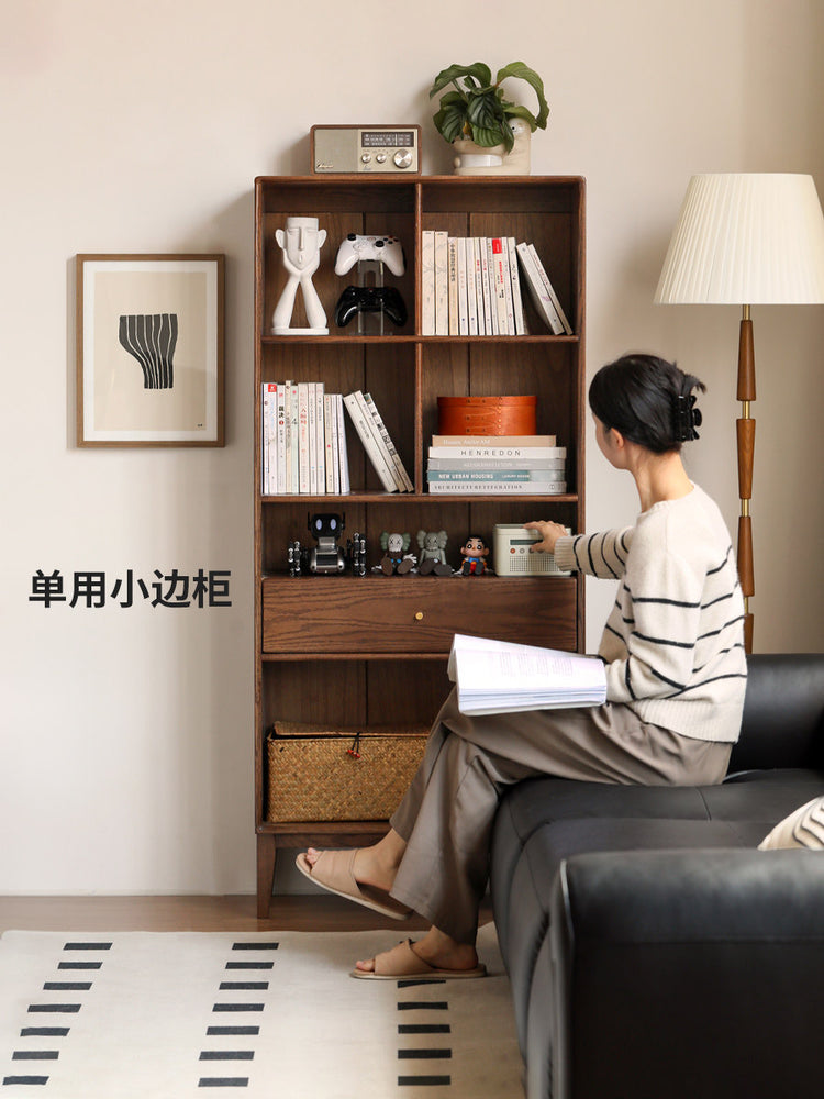 实木书柜现代简约书房开放收纳柜胡桃色橡木组合置物柜子