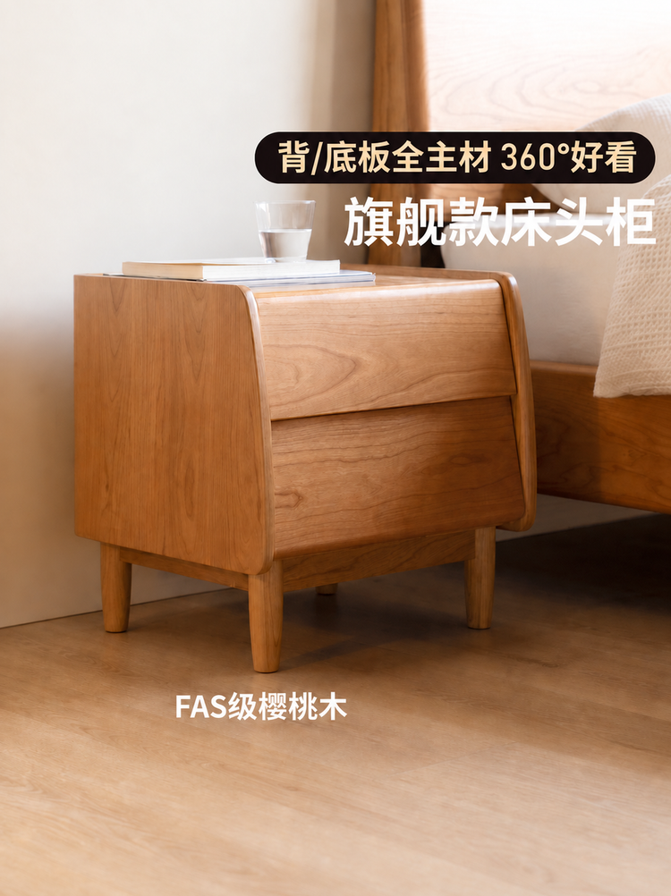 全实木床头柜中古风樱桃木床边柜卧室黑标新款小型储物柜