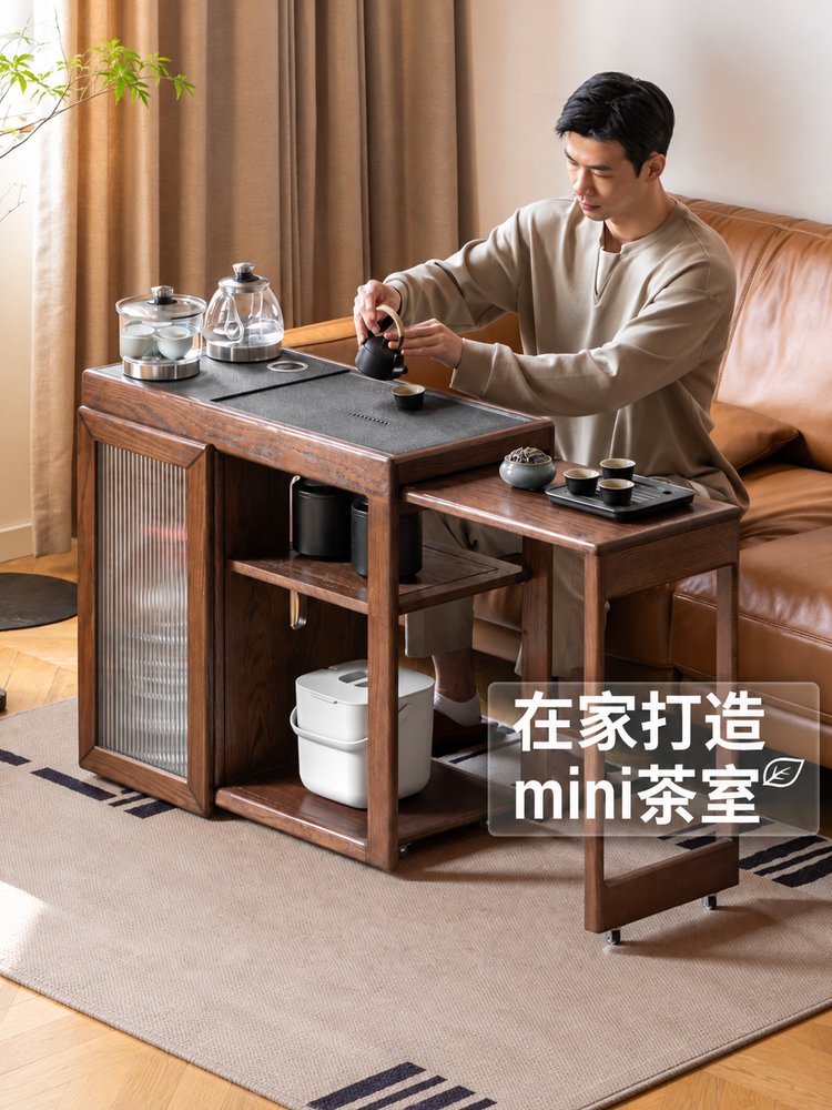 实木伸缩茶桌客厅新中式煮茶器一体茶台小户型橡木茶水柜