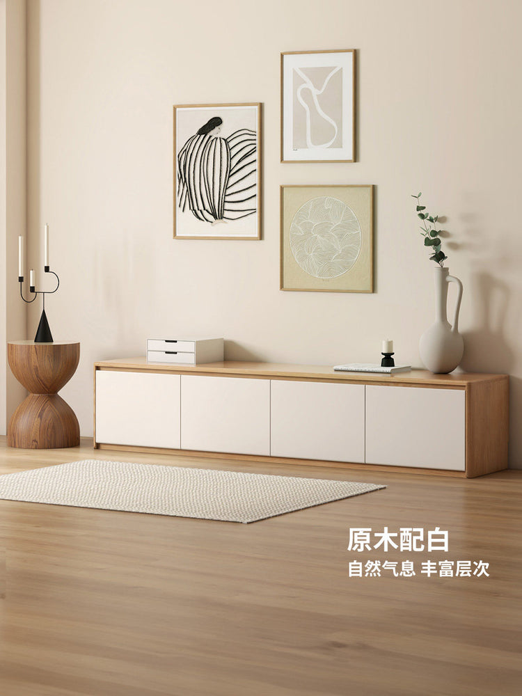 实木电视柜现代简约白色收纳储物柜一体原木落地电视机柜