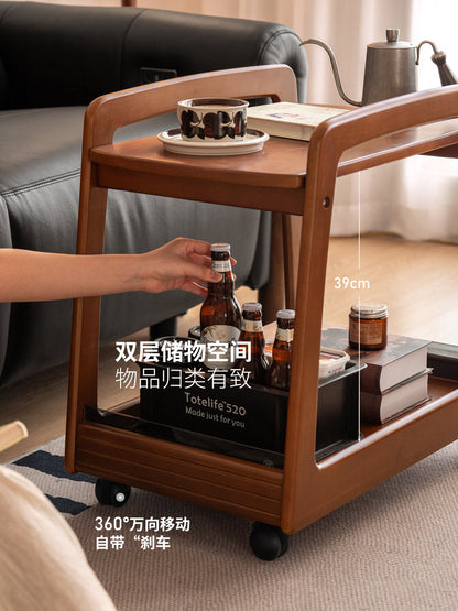 实木边几中古风小茶几双层置物角几客厅小户型移动小推车