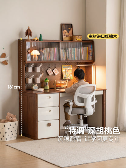 实木儿童学习桌复古风书桌书架一体桌子学生写字桌