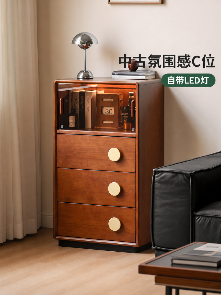 实木边柜客厅中古风抽屉储物柜落地展示柜收纳床边柜