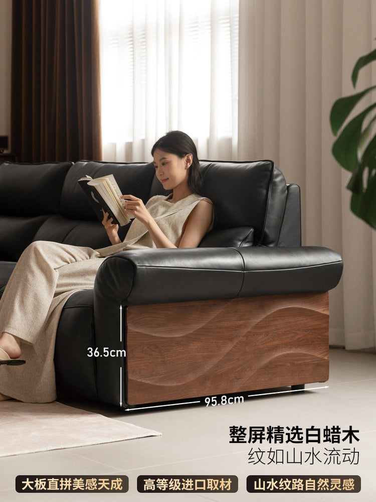 全真皮沙发客厅意式轻奢白蜡木黑标全青皮三人位沙发
