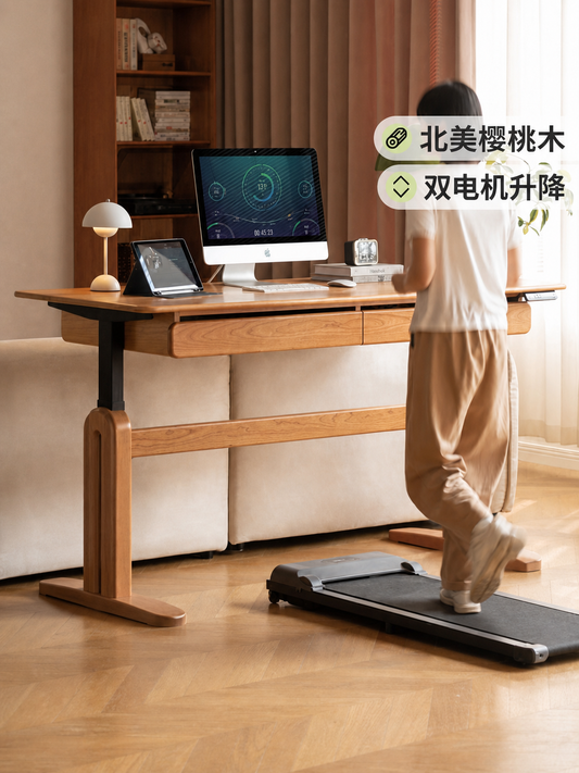 实木书桌书房樱桃木电动升降桌现代简约双电机办公电脑桌