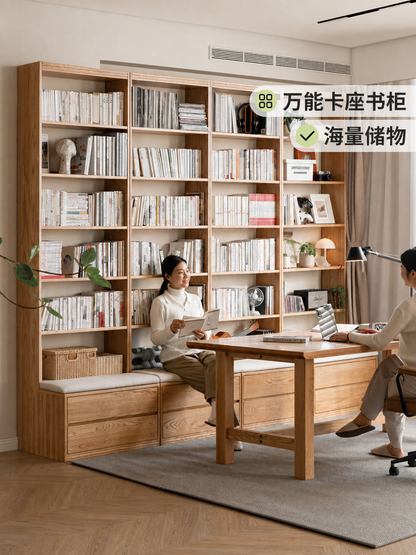 全实木满墙书柜带卡座落地组合书架一体整墙到顶展示柜