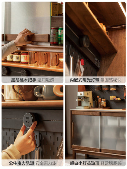 实木餐边柜黑胡桃木厨房储物柜多功能带灯边柜茶水柜