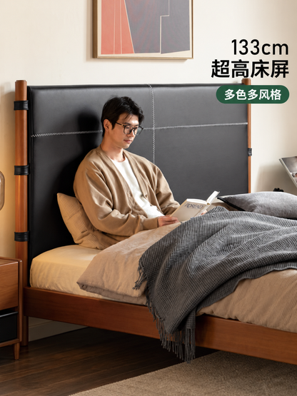 实木床卧室简约软靠床中古高靠背双人床老钱风大床