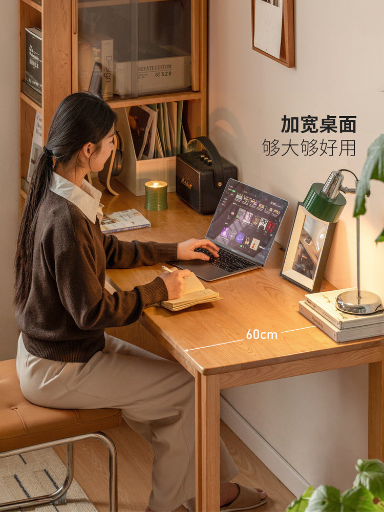 实木书桌书架一体书房樱桃木靠墙电脑桌小户型学习桌