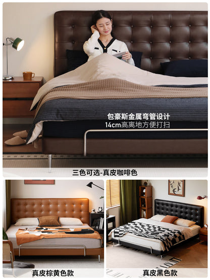 真皮床主卧软包大床头层牛皮华夫格床中古包豪斯双人床