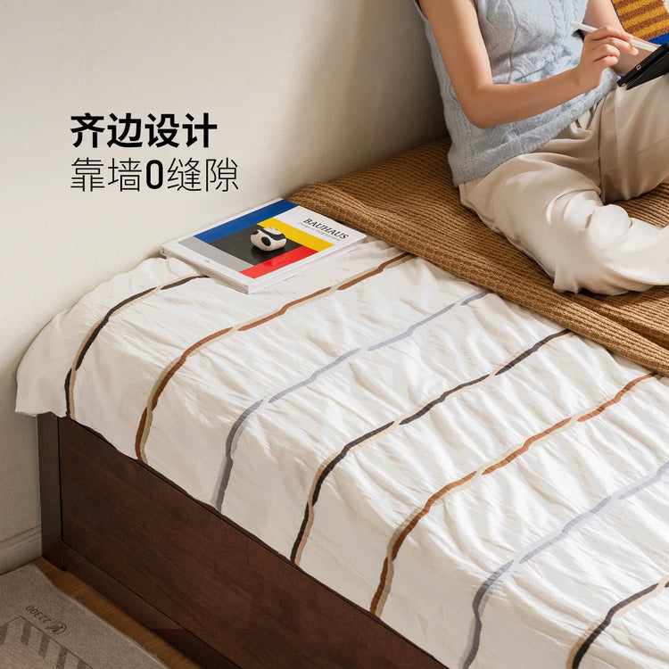 实木床现代简约齐边床卧室胡桃色大板床储物箱体床