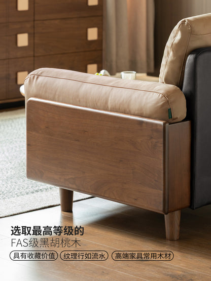 实木客厅简约真皮沙发黑胡桃木小户型高靠背直排沙发