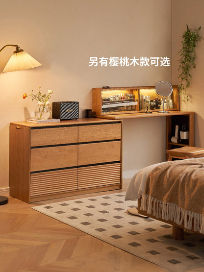 实木梳妆台斗柜洞洞板一体卧室简约复古风转角化妆桌带灯