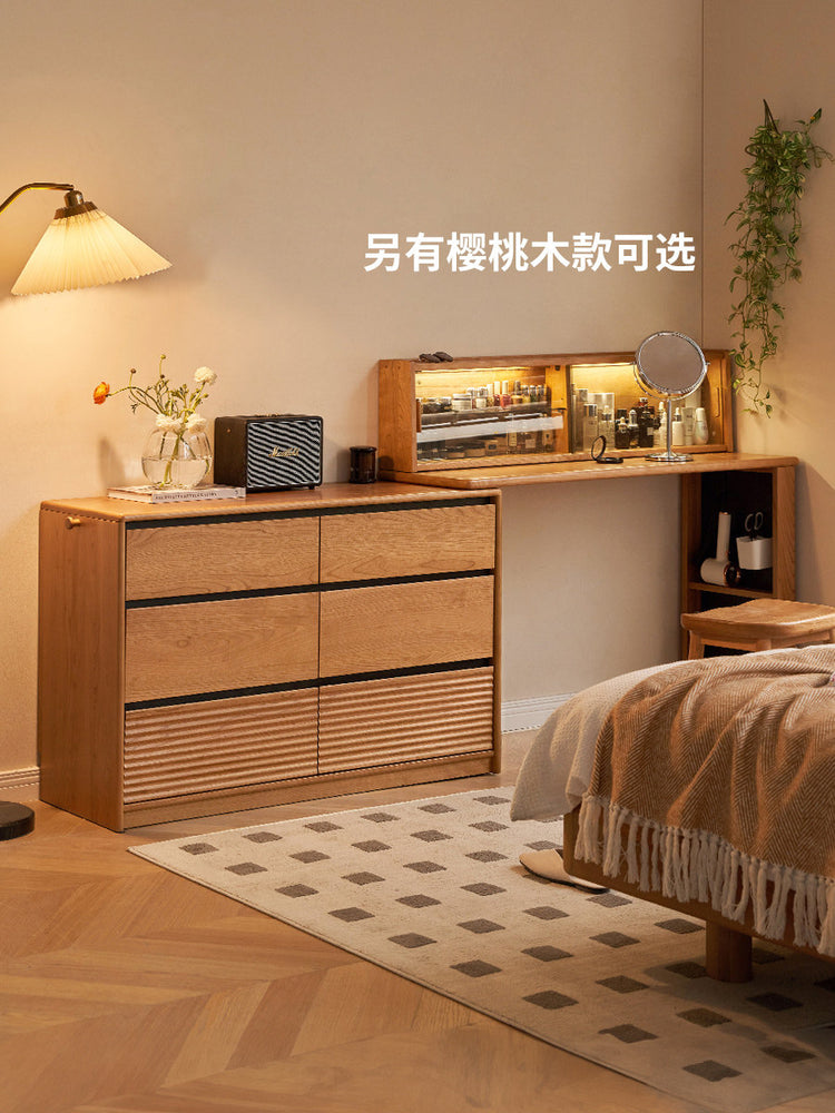 实木梳妆台斗柜洞洞板一体卧室简约复古风转角化妆桌带灯