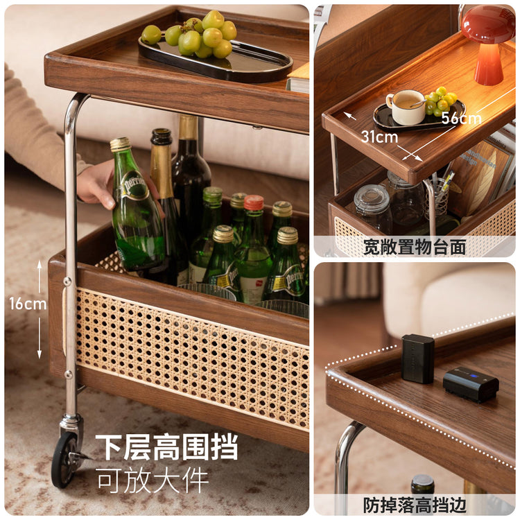 实木边几客厅中古风双层置物小茶几橡木胡桃色移动推车