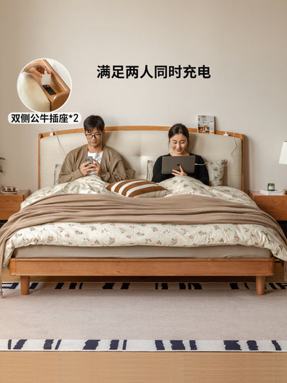 实木床复古樱桃木软靠床多功能双人床卧室中古大床