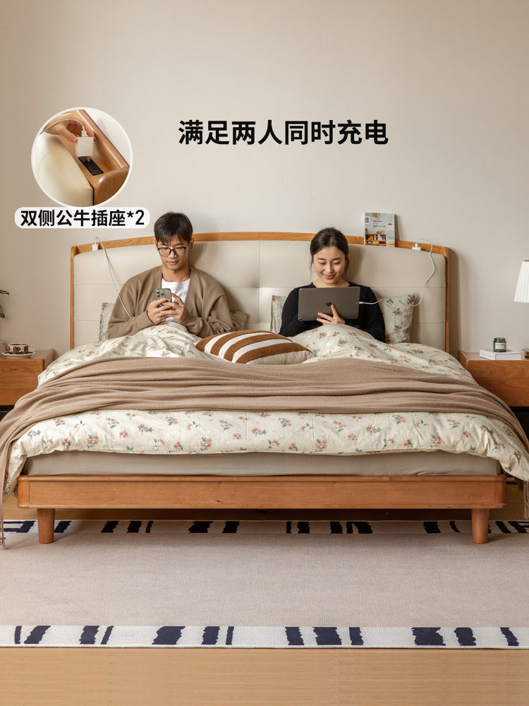 实木床复古樱桃木软靠床多功能双人床卧室中古大床