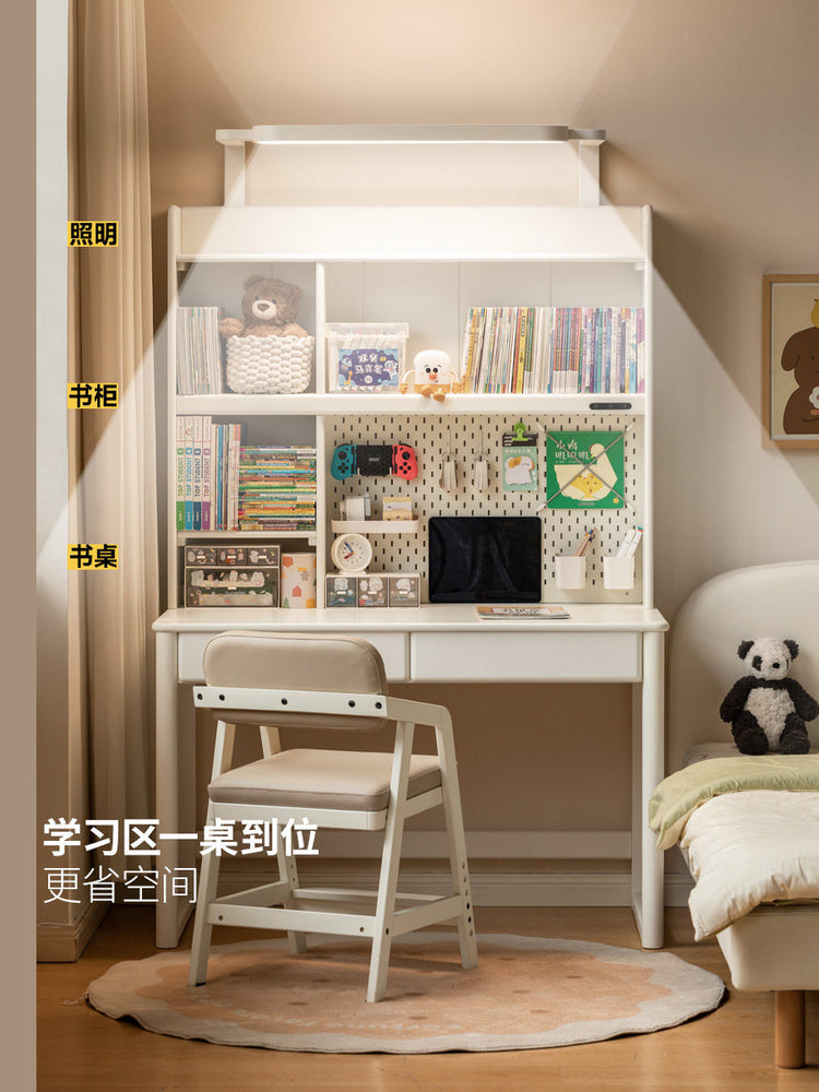 实木儿童学习桌书桌书架大路灯一体桌白色带灯阳光桌