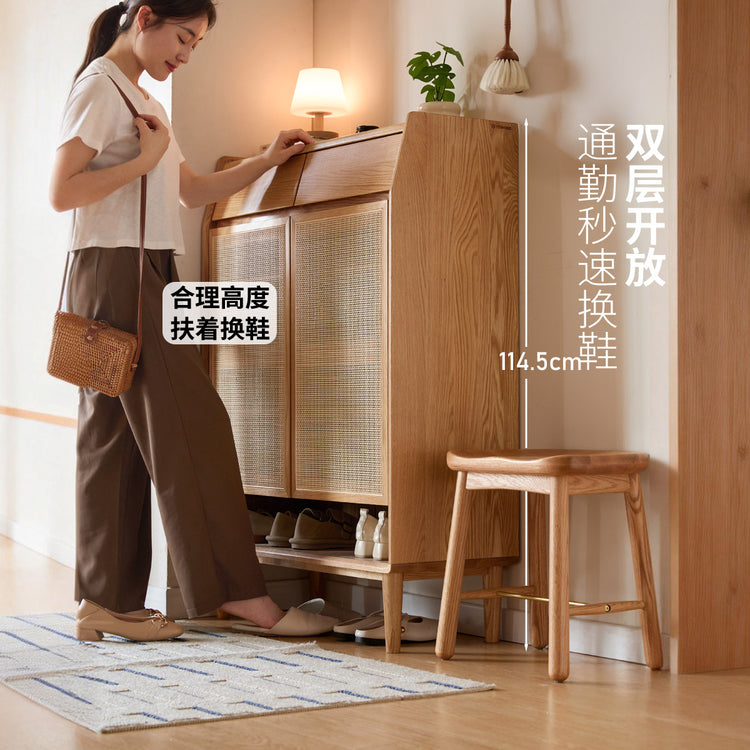 实木鞋柜客厅现代简约藤编置物台门口橡木入户玄关柜