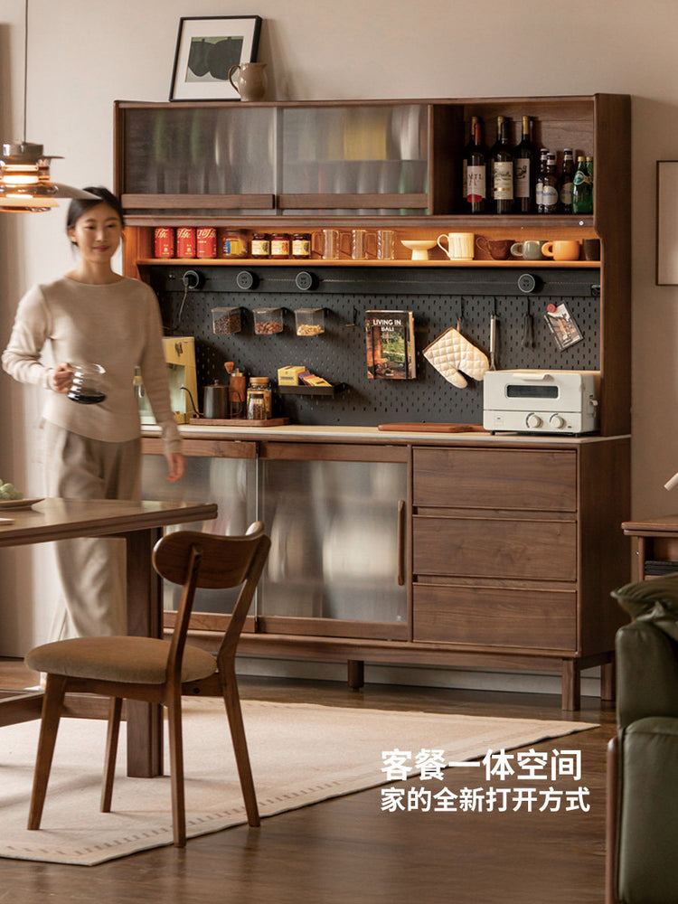 实木餐边柜黑胡桃木厨房储物柜多功能带灯边柜茶水柜