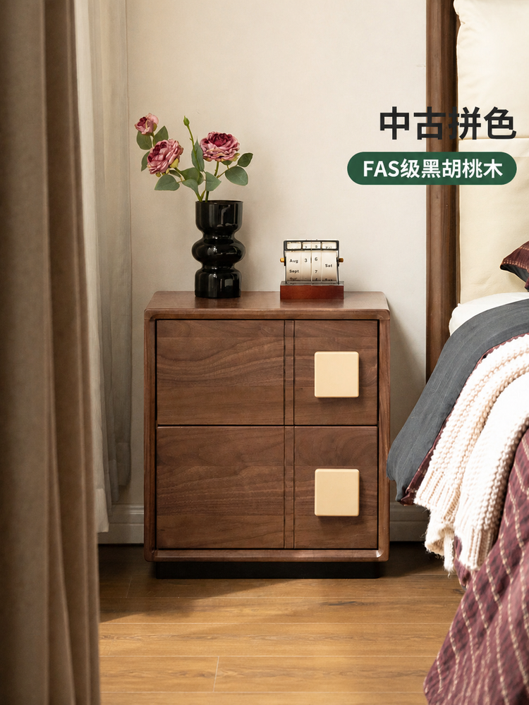 实木床头柜意式轻奢黑胡桃木储物柜卧室床边两抽柜子