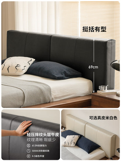 实木床简约真皮软包双人床家具卧室黑胡桃地台床悬浮大床