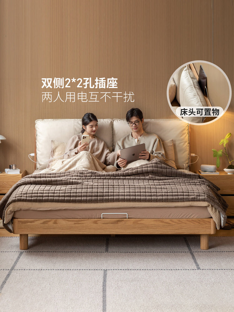 实木床现代简约真皮床卧室互不打扰软靠床橡木双人床