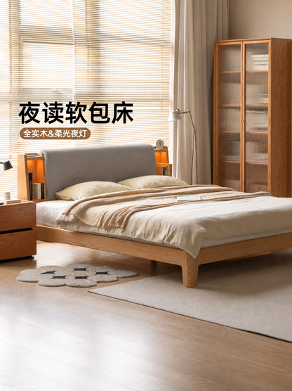 实木床卧室简约真皮床带灯软包床橡木双人床布艺床