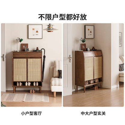 实木鞋柜入户玄关柜客厅橡木藤编收纳柜胡桃色储物柜