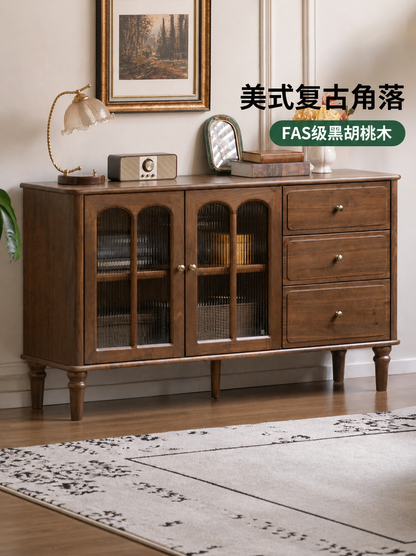 实木餐边柜美式复古餐厅置物柜黑胡桃木收纳柜橱柜