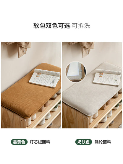 实木换鞋凳简约玄关多层原木鞋架小户型客厅软包穿鞋凳