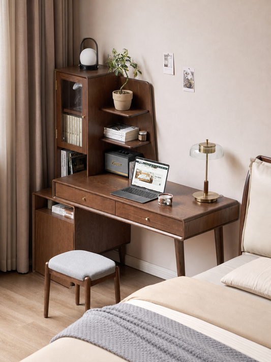 [10-Day Pre-order] Solid Wood Desk for Small Home Offices, Oak Computer Desk, Minimalist Vanity Table, Extendable Desk