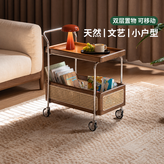 实木边几客厅中古风双层置物小茶几橡木胡桃色移动推车