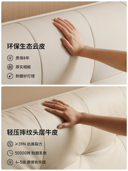 真皮床泡芙奶油风白色带灯悬浮床现代简约卧室软包双人床