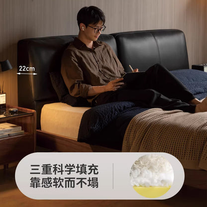 实木床卧室轻奢真皮床互不打扰双人床黑胡桃木软靠床