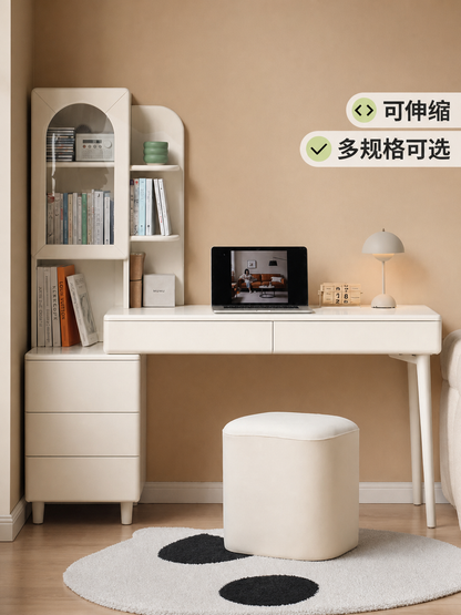 实木伸缩书桌书架一体法式奶油风转角办公桌白色化妆桌