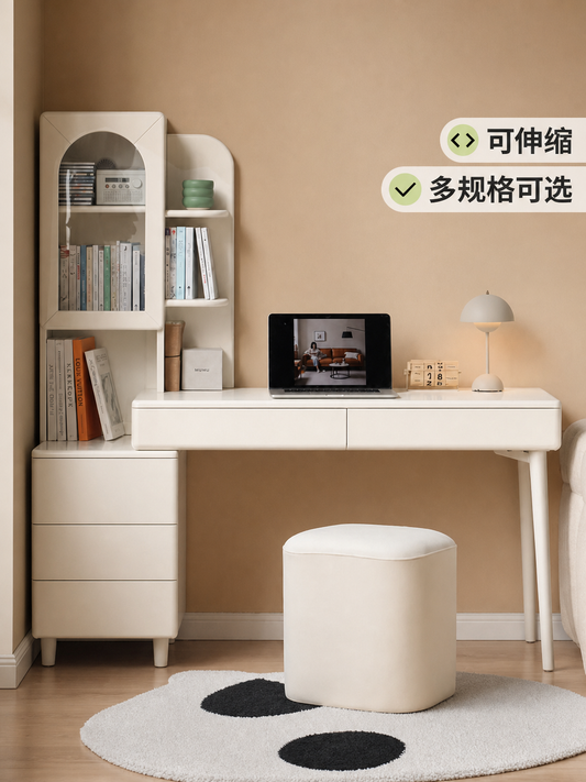 实木伸缩书桌书架一体法式奶油风转角办公桌白色化妆桌