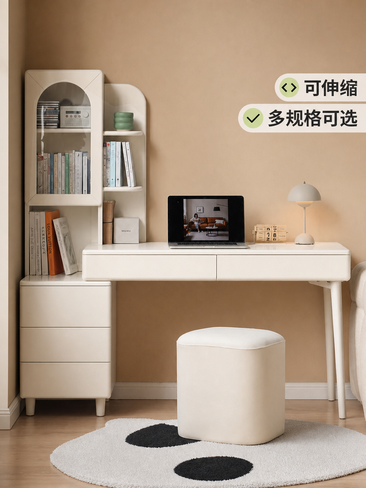 实木伸缩书桌书架一体法式奶油风转角办公桌白色化妆桌