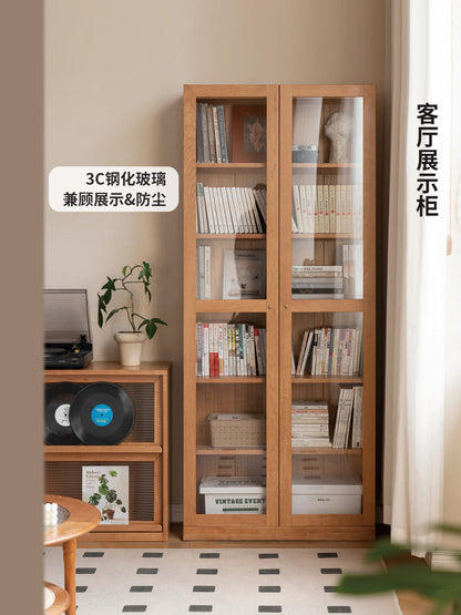 实木书柜落地可自由组合满墙书架小户型中古樱桃木展示柜