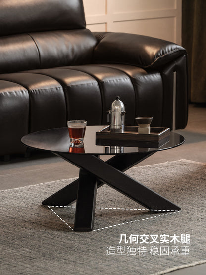 实木茶几客厅意式轻奢玻璃圆几小户型黑色创意茶台