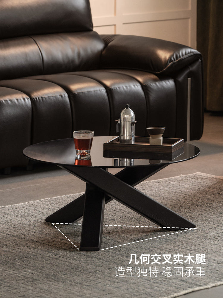 实木茶几客厅意式轻奢玻璃圆几小户型黑色创意茶台